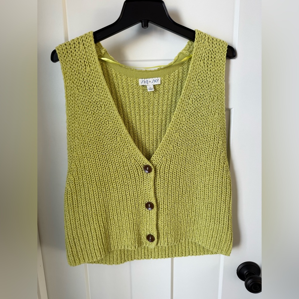 She + Sky Lime Knit Button-Up Vest